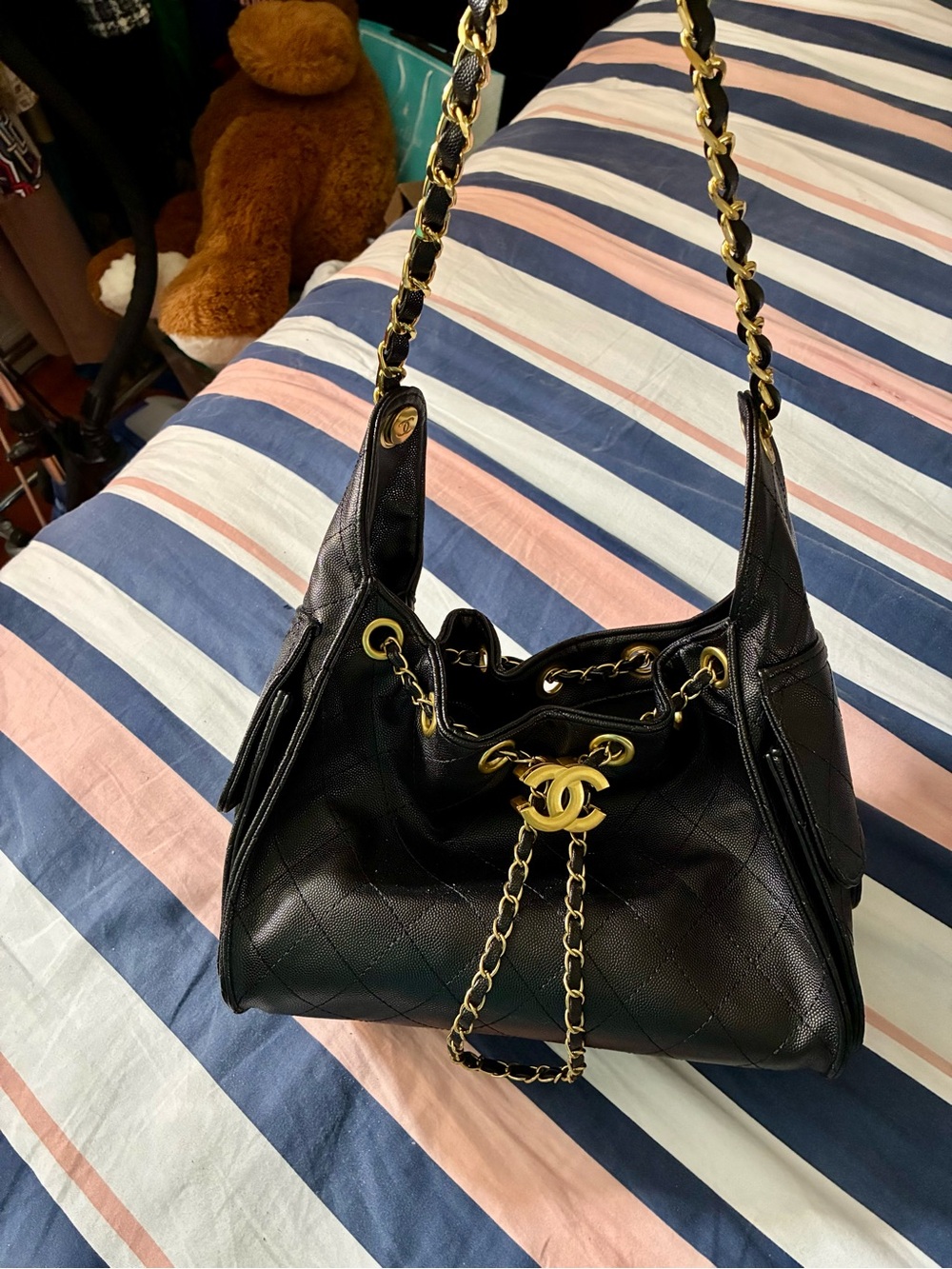 Black Quilted Shoulder Bag with Gold Chain Accents